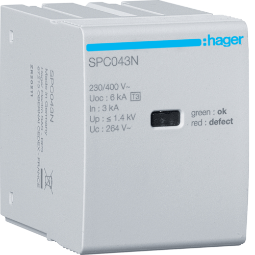 SPC043N Cartouche T3 N-PE Uc 264V In 3kA Uoc 6kV Up 1.4kV